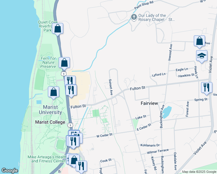 map of restaurants, bars, coffee shops, grocery stores, and more near 69 Sunset Avenue in Poughkeepsie