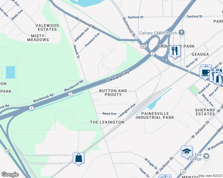 map of restaurants, bars, coffee shops, grocery stores, and more near 364 Button Avenue in Painesville