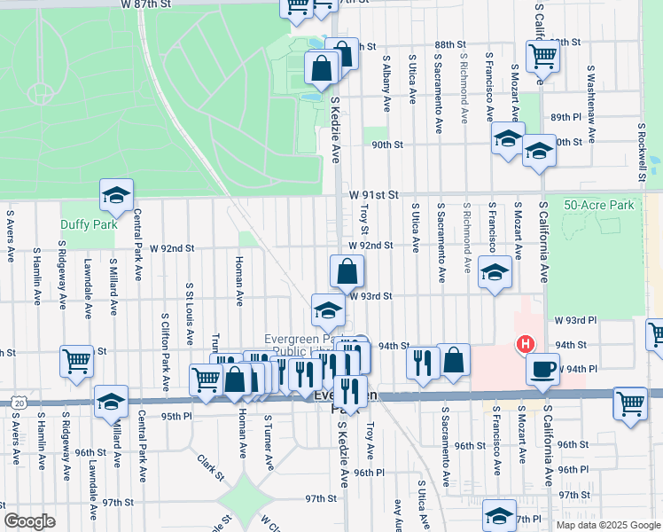 map of restaurants, bars, coffee shops, grocery stores, and more near 9222 South Kedzie Avenue in Evergreen Park
