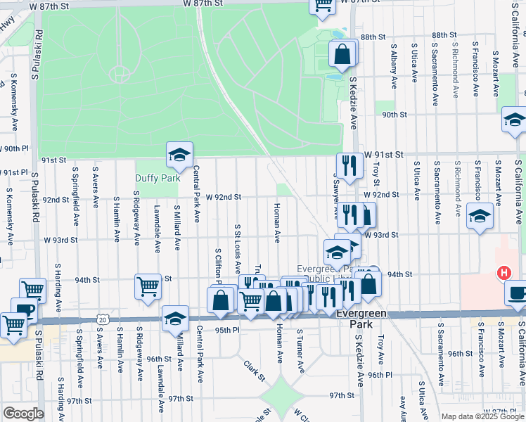 map of restaurants, bars, coffee shops, grocery stores, and more near 9219 South Trumbull Avenue in Evergreen Park