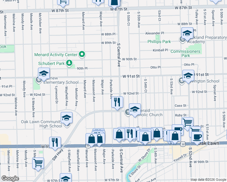 map of restaurants, bars, coffee shops, grocery stores, and more near 9140 Parkside Avenue in Oak Lawn