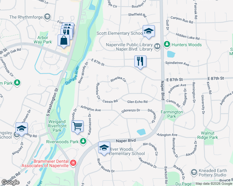 map of restaurants, bars, coffee shops, grocery stores, and more near 214 Rivanna Court in Naperville