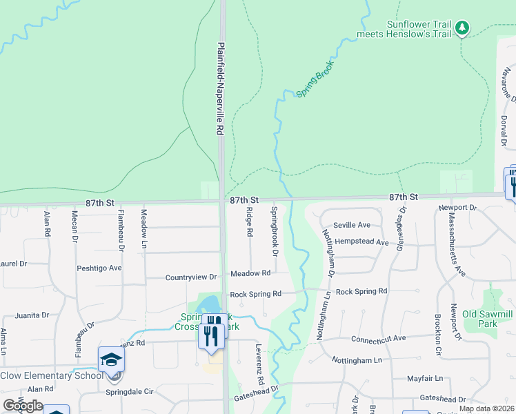 map of restaurants, bars, coffee shops, grocery stores, and more near 10S071 Ridge Road in Naperville