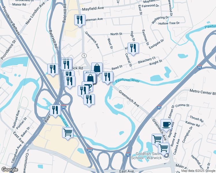 map of restaurants, bars, coffee shops, grocery stores, and more near 255 Lambert Lind Highway in Warwick