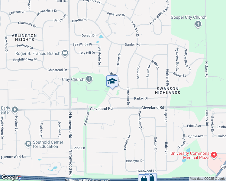 map of restaurants, bars, coffee shops, grocery stores, and more near 17677 Parker Drive in South Bend