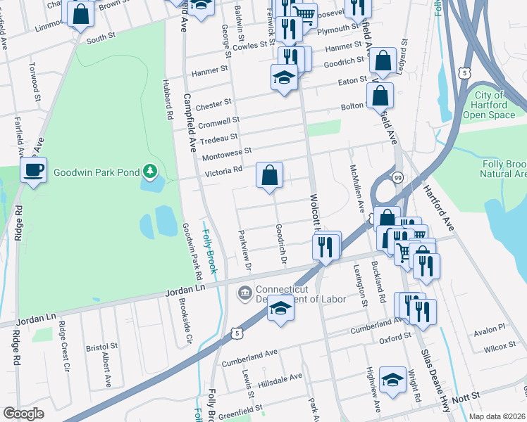map of restaurants, bars, coffee shops, grocery stores, and more near 63 Reed Drive in Wethersfield