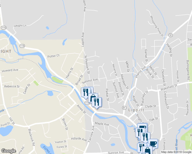 map of restaurants, bars, coffee shops, grocery stores, and more near 97 Summit Avenue in West Warwick