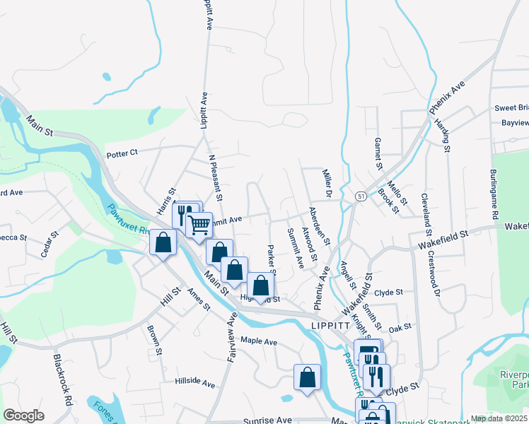 map of restaurants, bars, coffee shops, grocery stores, and more near 73 Summit Avenue in West Warwick