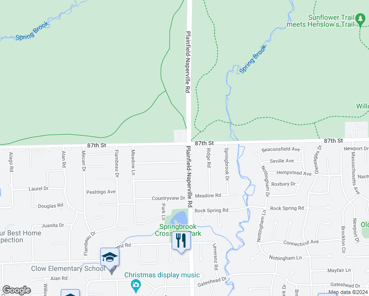 map of restaurants, bars, coffee shops, grocery stores, and more near 28W015 87th Street in Naperville
