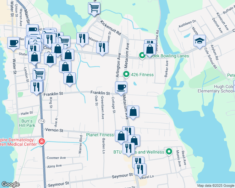 map of restaurants, bars, coffee shops, grocery stores, and more near 140 Franklin Street in Warren