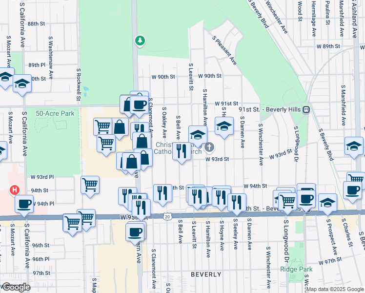 map of restaurants, bars, coffee shops, grocery stores, and more near 9231 South Bell Avenue in Chicago