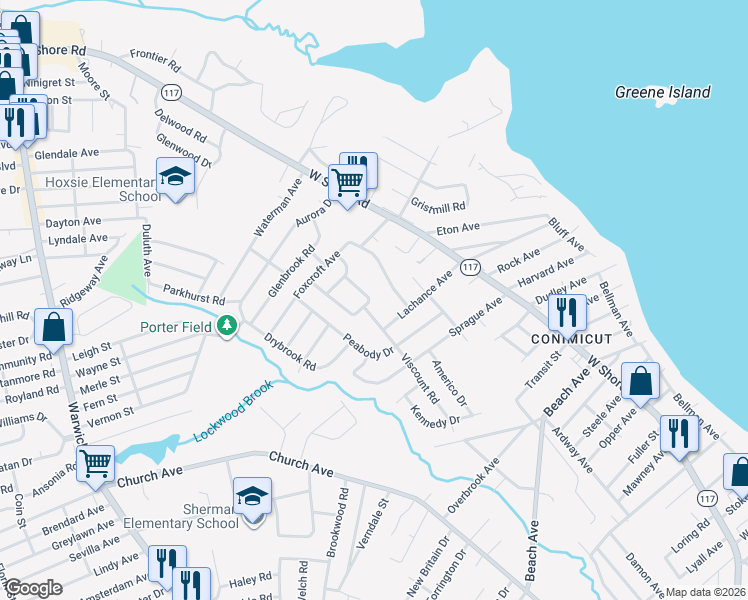 map of restaurants, bars, coffee shops, grocery stores, and more near 38 Grassmere St in Warwick