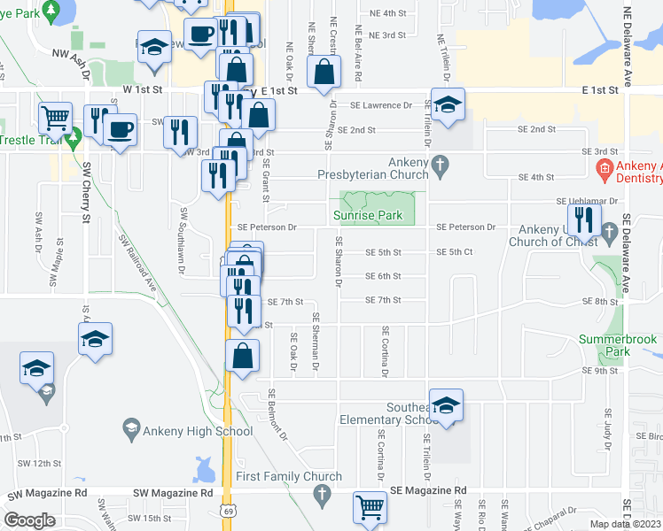 map of restaurants, bars, coffee shops, grocery stores, and more near 510 Southeast Sharon Drive in Ankeny