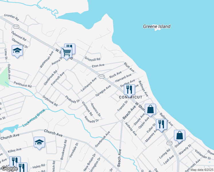 map of restaurants, bars, coffee shops, grocery stores, and more near 25 Sprague Avenue in Warwick