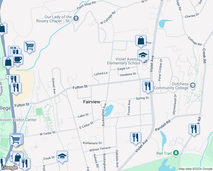 map of restaurants, bars, coffee shops, grocery stores, and more near 39 Inwood Avenue in Poughkeepsie