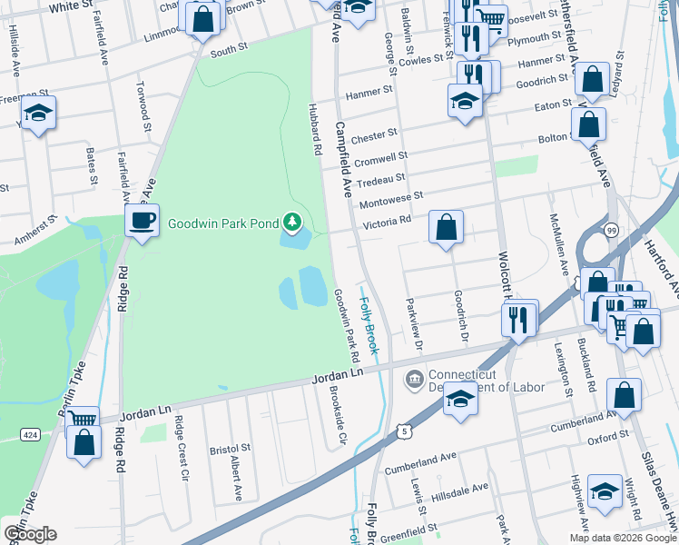 map of restaurants, bars, coffee shops, grocery stores, and more near 104 Goodwin Park Road in Wethersfield