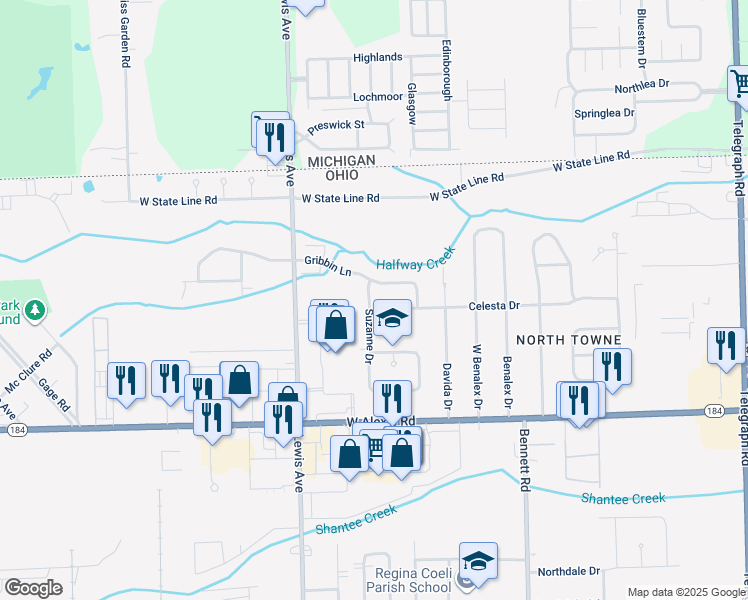 map of restaurants, bars, coffee shops, grocery stores, and more near 6016 Suzanne Drive in Toledo