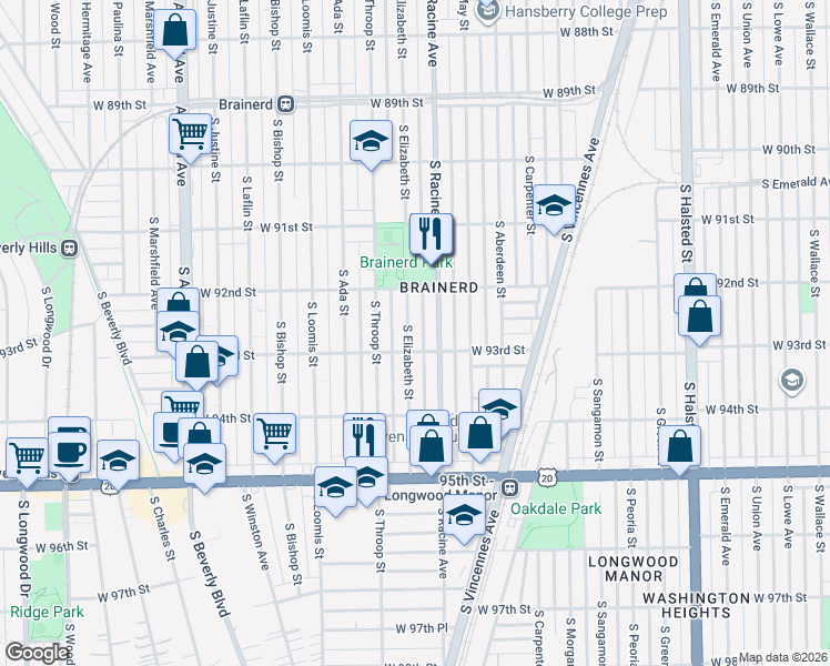 map of restaurants, bars, coffee shops, grocery stores, and more near 9243 South Elizabeth Street in Chicago