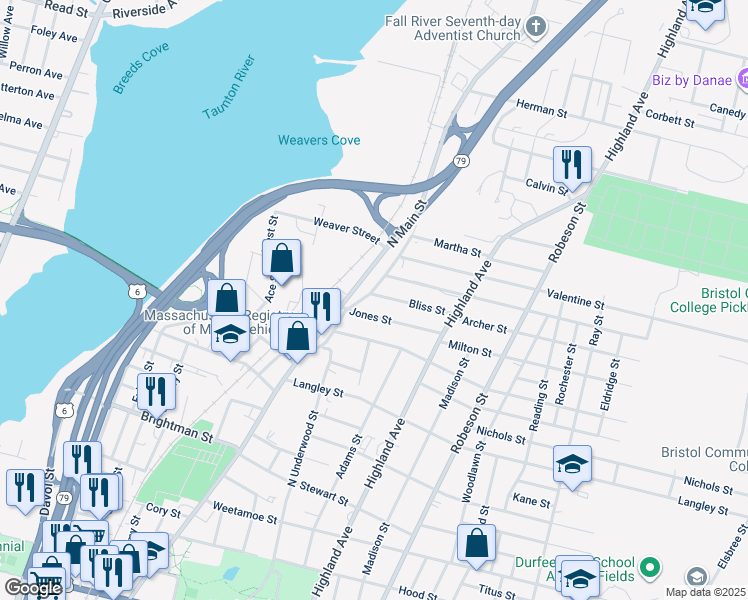 map of restaurants, bars, coffee shops, grocery stores, and more near 205 Crescent Street in Fall River