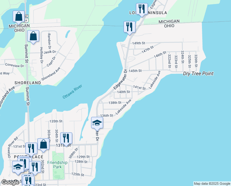 map of restaurants, bars, coffee shops, grocery stores, and more near 5836 314th Street in Toledo