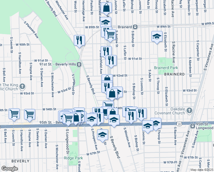 map of restaurants, bars, coffee shops, grocery stores, and more near 9220 South Ashland Avenue in Chicago