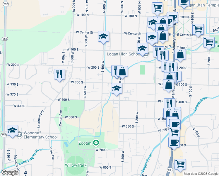 map of restaurants, bars, coffee shops, grocery stores, and more near 322 370 West in Logan