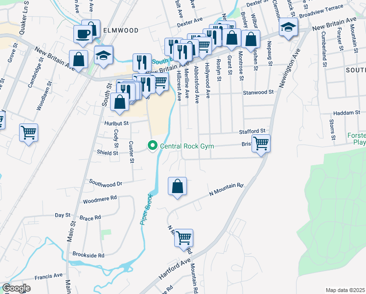 map of restaurants, bars, coffee shops, grocery stores, and more near 124 Hillcrest Avenue in West Hartford