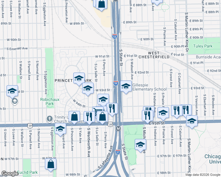 map of restaurants, bars, coffee shops, grocery stores, and more near 9260 South Lafayette Avenue in Chicago