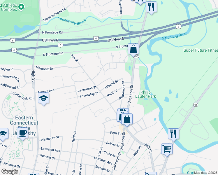 map of restaurants, bars, coffee shops, grocery stores, and more near 41 Ashland Street in Windham