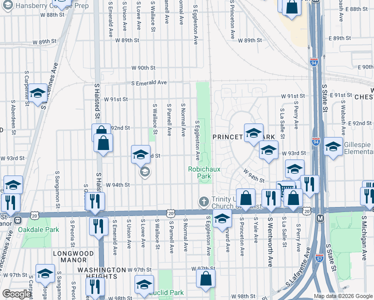 map of restaurants, bars, coffee shops, grocery stores, and more near 9251 South Normal Avenue in Chicago
