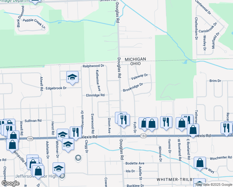 map of restaurants, bars, coffee shops, grocery stores, and more near 6027 Douglas Road in Toledo