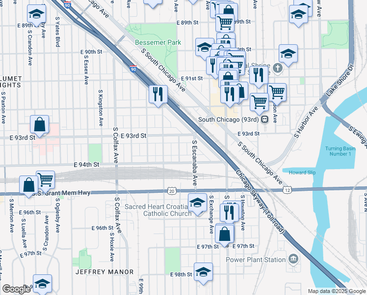 map of restaurants, bars, coffee shops, grocery stores, and more near 9327 South Muskegon Avenue in Chicago