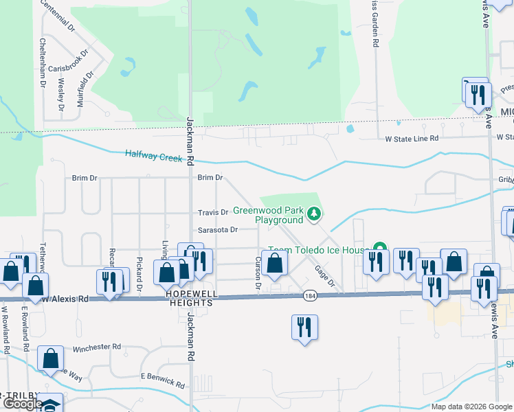 map of restaurants, bars, coffee shops, grocery stores, and more near 6016 Curson Drive in Toledo