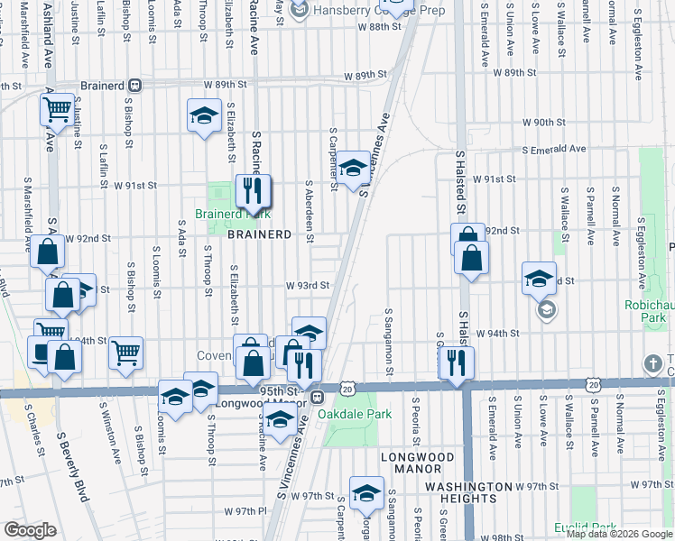 map of restaurants, bars, coffee shops, grocery stores, and more near 9246 S Vincennes Ave in Chicago