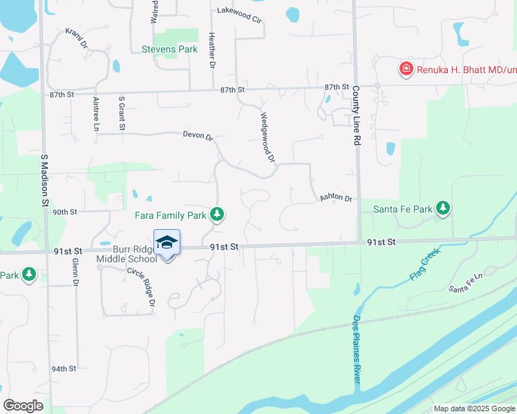 map of restaurants, bars, coffee shops, grocery stores, and more near 9001 Enclave Drive in Burr Ridge