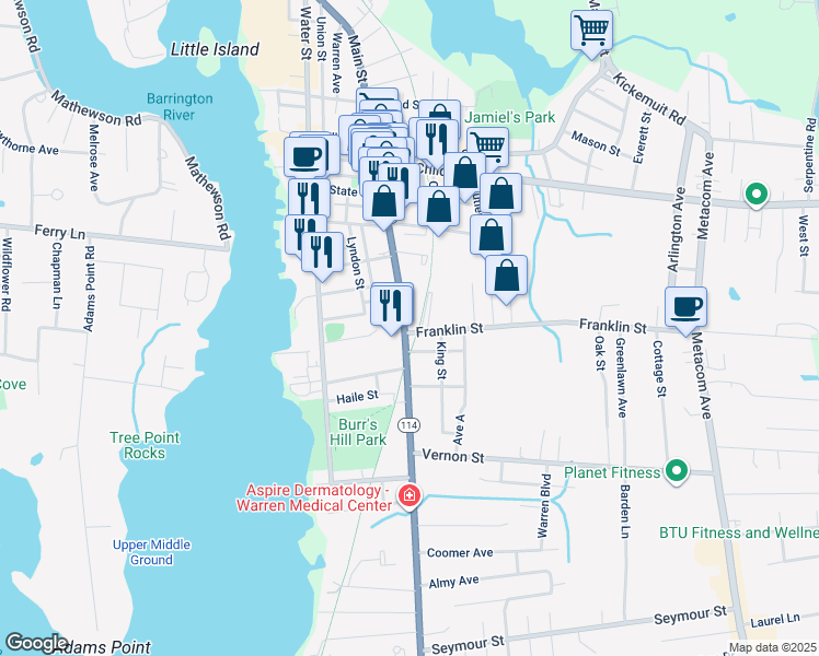 map of restaurants, bars, coffee shops, grocery stores, and more near 676 Main Street in Warren