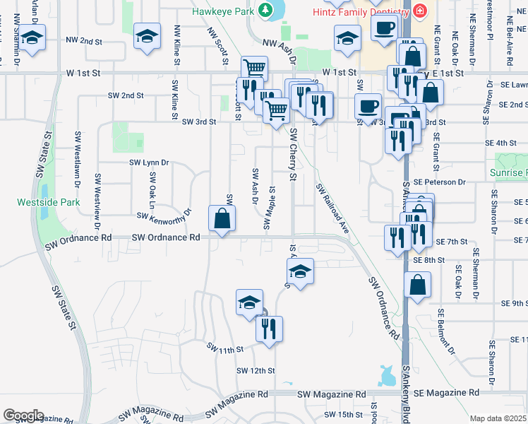 map of restaurants, bars, coffee shops, grocery stores, and more near 606 SW Maple St in Ankeny