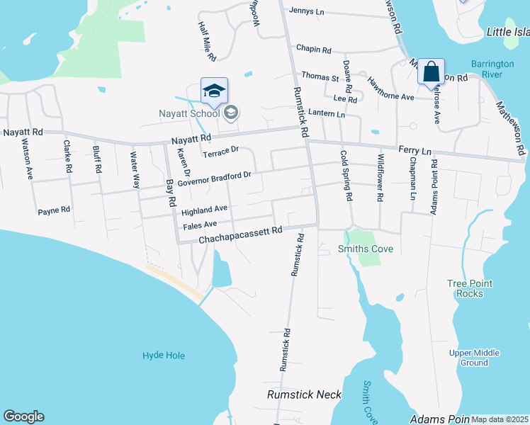 map of restaurants, bars, coffee shops, grocery stores, and more near 35 Fales Avenue in Barrington
