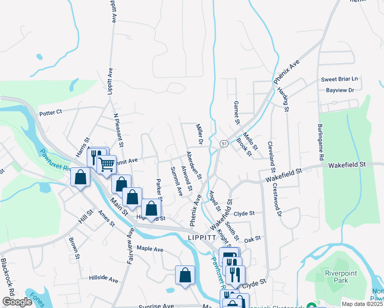 map of restaurants, bars, coffee shops, grocery stores, and more near 27 Aberdeen St in West Warwick