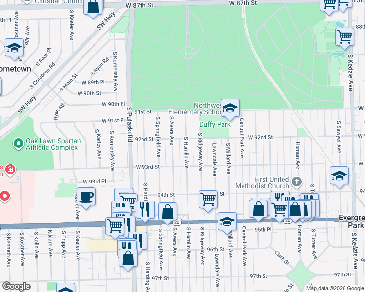 map of restaurants, bars, coffee shops, grocery stores, and more near 9214 South Hamlin Avenue in Evergreen Park