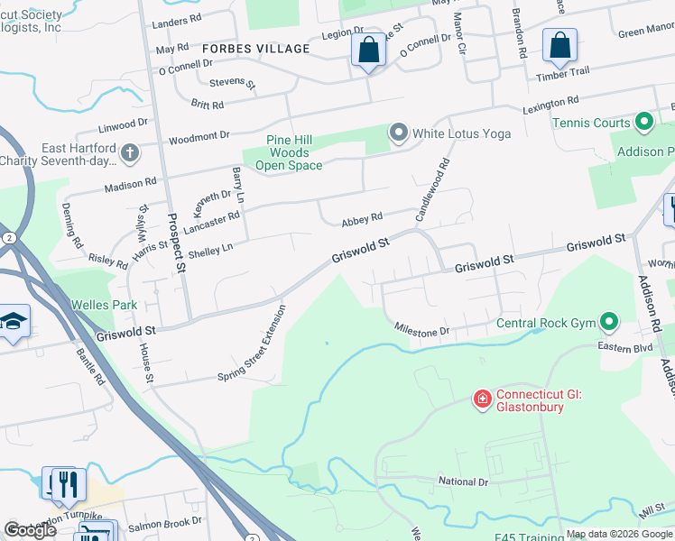 map of restaurants, bars, coffee shops, grocery stores, and more near 426 Griswold Street in Glastonbury