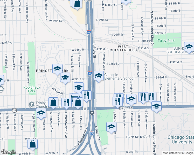 map of restaurants, bars, coffee shops, grocery stores, and more near 9255 South State Street in Chicago
