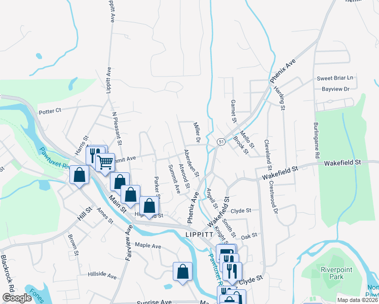 map of restaurants, bars, coffee shops, grocery stores, and more near 27 Aberdeen Street in West Warwick