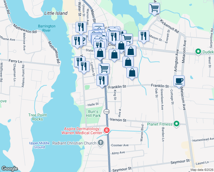 map of restaurants, bars, coffee shops, grocery stores, and more near 676 Main Street in Warren
