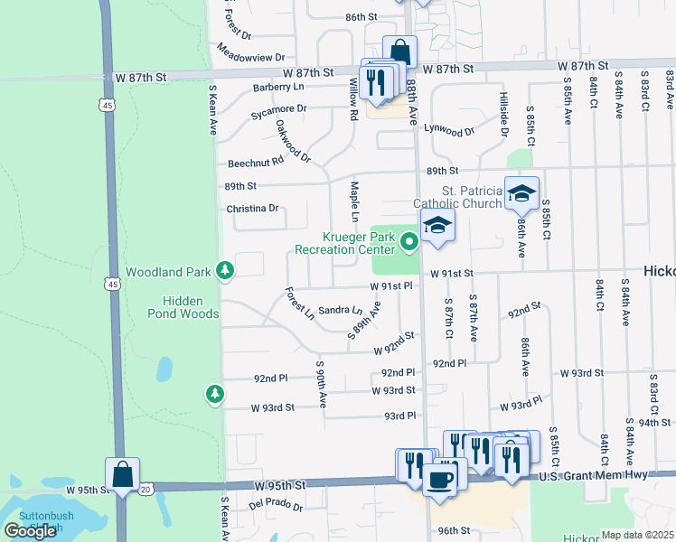 map of restaurants, bars, coffee shops, grocery stores, and more near 8937 West Maple Lane in Hickory Hills