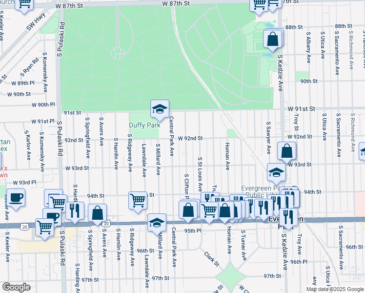 map of restaurants, bars, coffee shops, grocery stores, and more near 9216 South Clifton Park Avenue in Evergreen Park