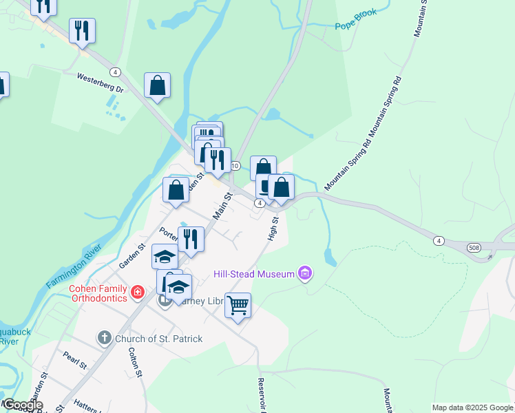 map of restaurants, bars, coffee shops, grocery stores, and more near 781 Farmington Avenue in Farmington