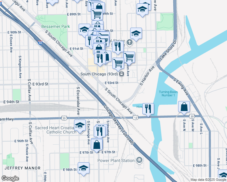 map of restaurants, bars, coffee shops, grocery stores, and more near 9353 S South Chicago Avenue in Chicago