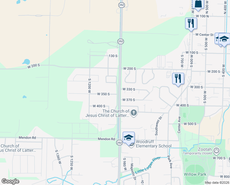 map of restaurants, bars, coffee shops, grocery stores, and more near 1031 West 350 South in Logan