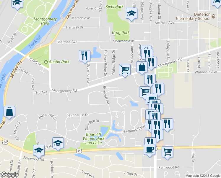 map of restaurants, bars, coffee shops, grocery stores, and more near 1352 Manning Avenue in Montgomery